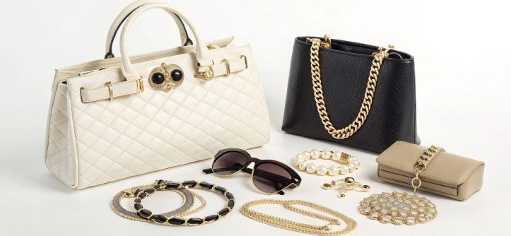 Collection of elegant accessories, including a watch, handbag, and sunglasses, styled to show how affordable luxury pieces can elevate and complete any outfit