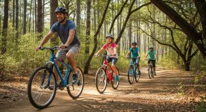Family riding value mountain bikes on forest trail