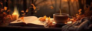 A cozy scene with a journal, autumn leaves, and a cup of tea, symbolizing reflection on everyday gratitude