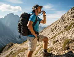 Hiker sipping from hydration tube on mountain trail with tactical backpack.