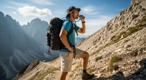 Hiker sipping from hydration tube on mountain trail with tactical backpack.
