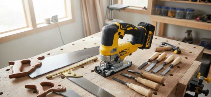 Array of essential wood cutting tools like saws and chisels on a wooden workbench in a bright workshop.
