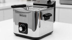 Elite Gourmet EDF2100 deep fryer demonstrating compact stainless steel design