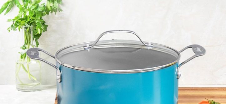 Home kitchen scene using Gotham Steel ceramic stock pot for daily meals.