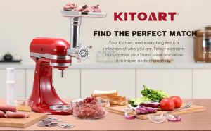KITOART metal food grinder attached to stand mixer in kitchen