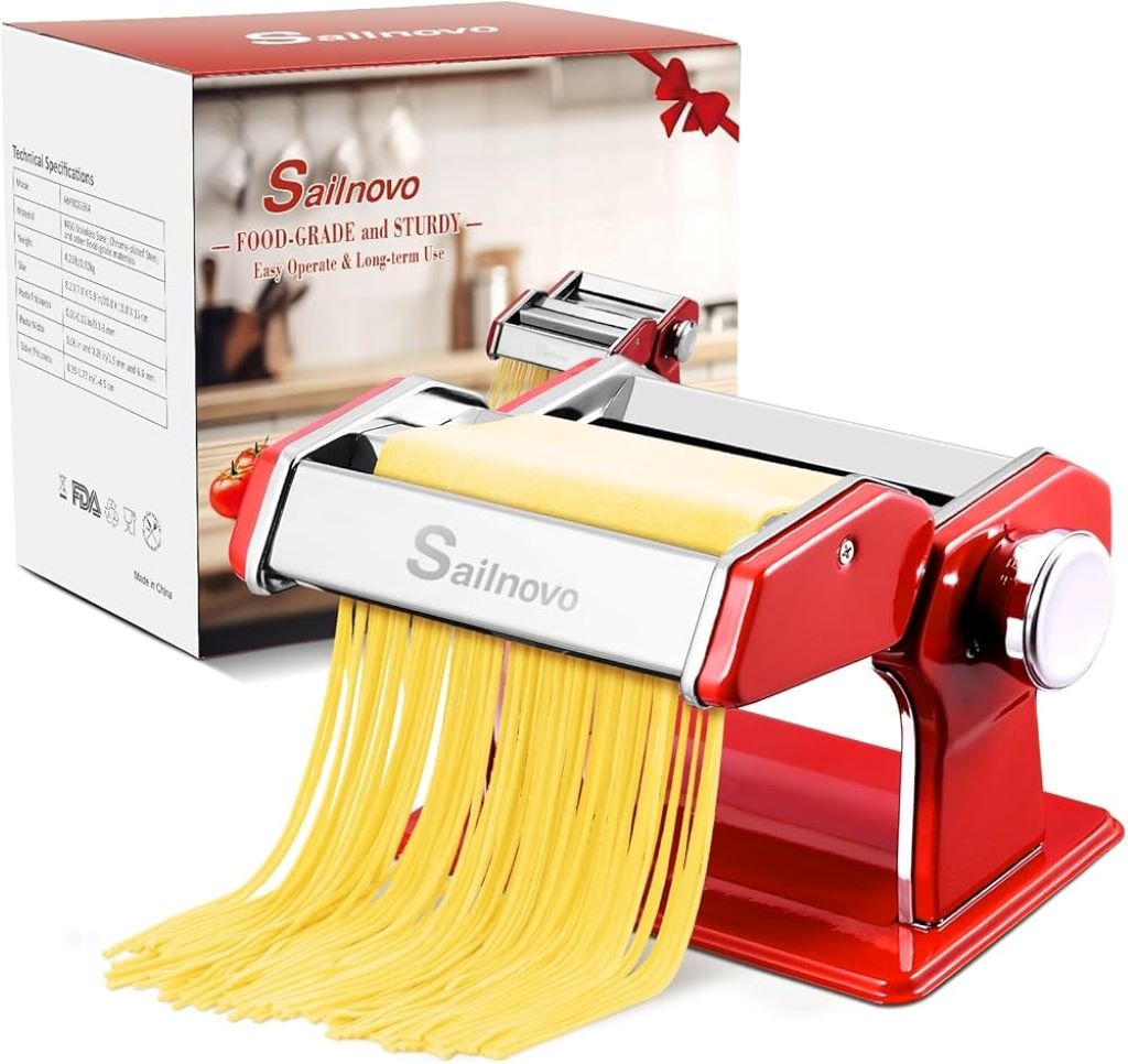 Kitchen setup featuring Sailnovo 2-in-1 pasta maker and ingredients for fresh pasta.