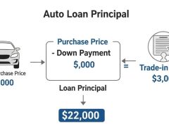 Diagram showing auto loan principal calculation with down payment and trade-in value