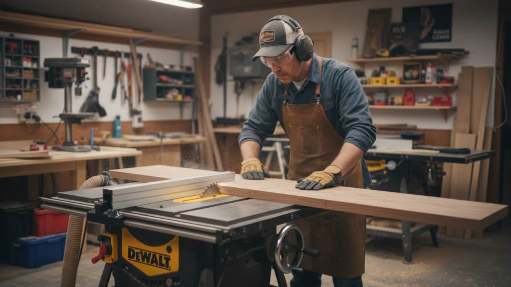 Woodworker wearing safety gear operating a table saw to rip a long board accurately.
