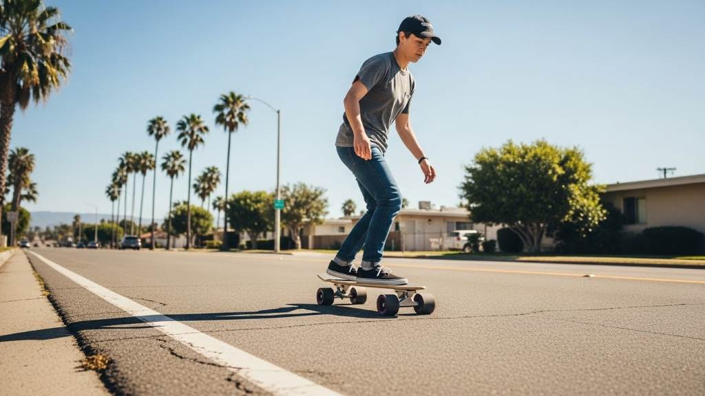 Beginner skateboarder cruising smoothly on a street with a stable cruiser board