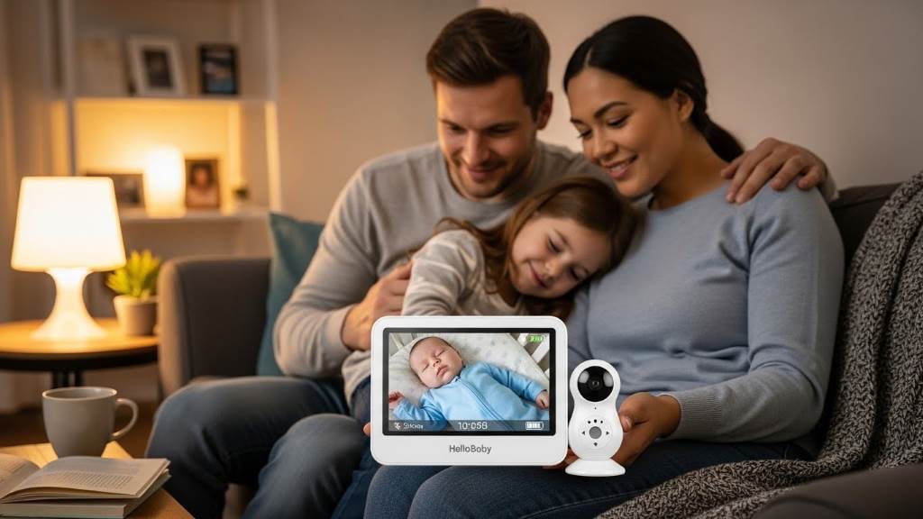 Family enjoying peace of mind with HelloBaby non-WiFi monitor displaying clear video feed of infant