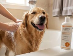 Happy dog getting a gentle bath with hypoallergenic shampoo for allergy relief