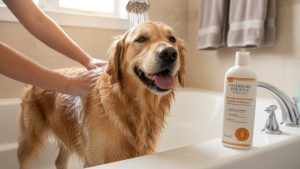 Happy dog getting a gentle bath with hypoallergenic shampoo for allergy relief