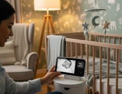 Happy parent checking sleeping baby on secure non-WiFi monitor screen in cozy nursery setting