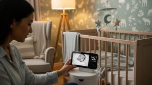 Happy parent checking sleeping baby on secure non-WiFi monitor screen in cozy nursery setting