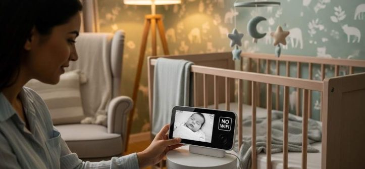 Happy parent checking sleeping baby on secure non-WiFi monitor screen in cozy nursery setting