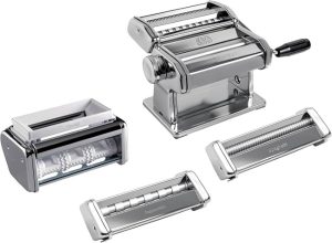 MARCATO electric pasta machine in a kitchen, featuring Italian chrome steel construction.