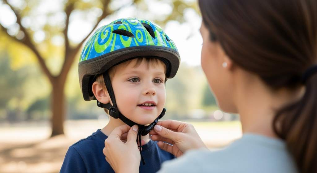 Child wearing a properly fitted colorful bike helmet low on the forehead with parent checking chin strap