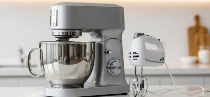 Stand mixer with stainless steel bowl on kitchen counter next to compact hand mixer showing size comparison