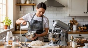 Baker using hand mixer to whip cream while stand mixer kneads bread dough simultaneously in home kitchen