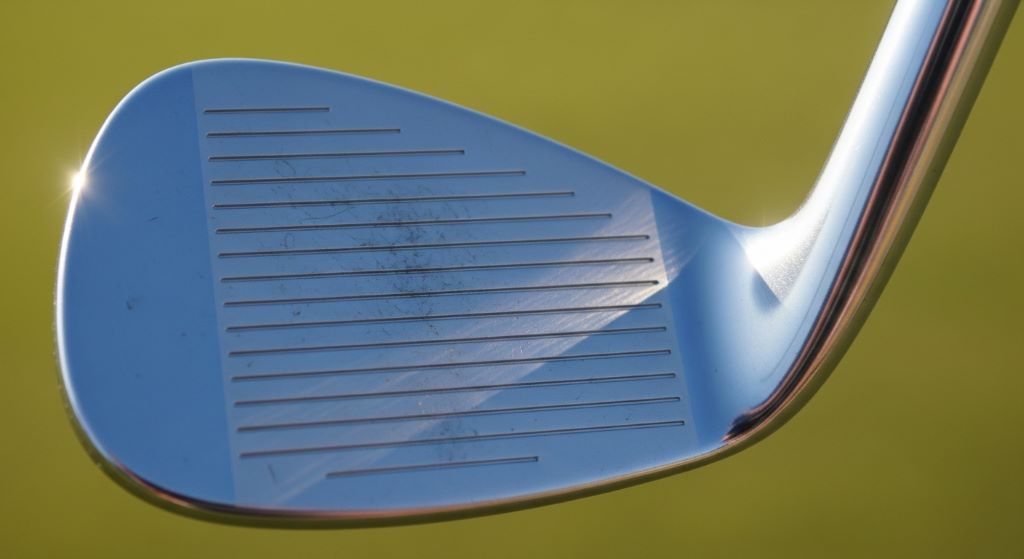 Close-up of clean wedge grooves ready for high spin shots