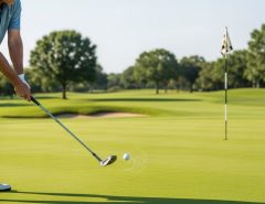 Golfer chipping with a budget wedge, ball spinning back on the green