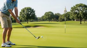 Golfer chipping with a budget wedge, ball spinning back on the green