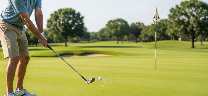 Golfer chipping with a budget wedge, ball spinning back on the green