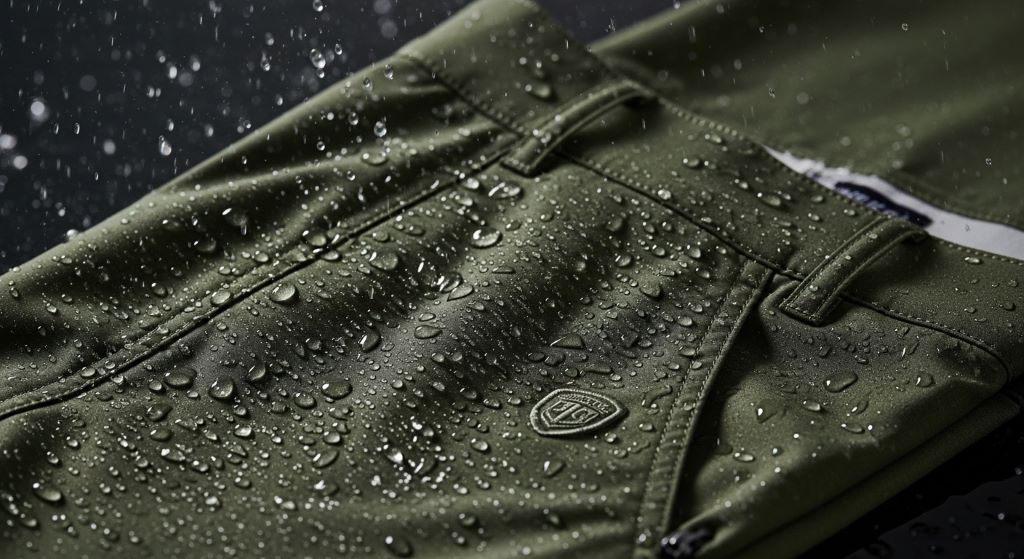Lightweight waterproof golf pants close-up in rainy conditions