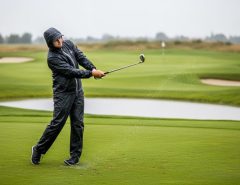 Golfer wearing rain pants swinging on a wet golf course
