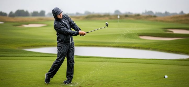 Golfer wearing rain pants swinging on a wet golf course