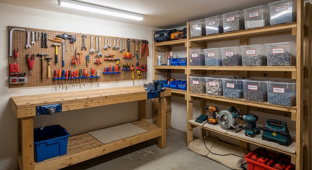 cheap DIY garage workspace with basic hand tools storage layout