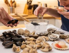 Boston home cook inspecting fresh clams before dinner preparation