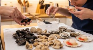 Boston home cook inspecting fresh clams before dinner preparation