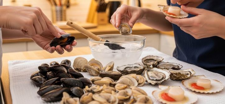 Boston home cook inspecting fresh clams before dinner preparation
