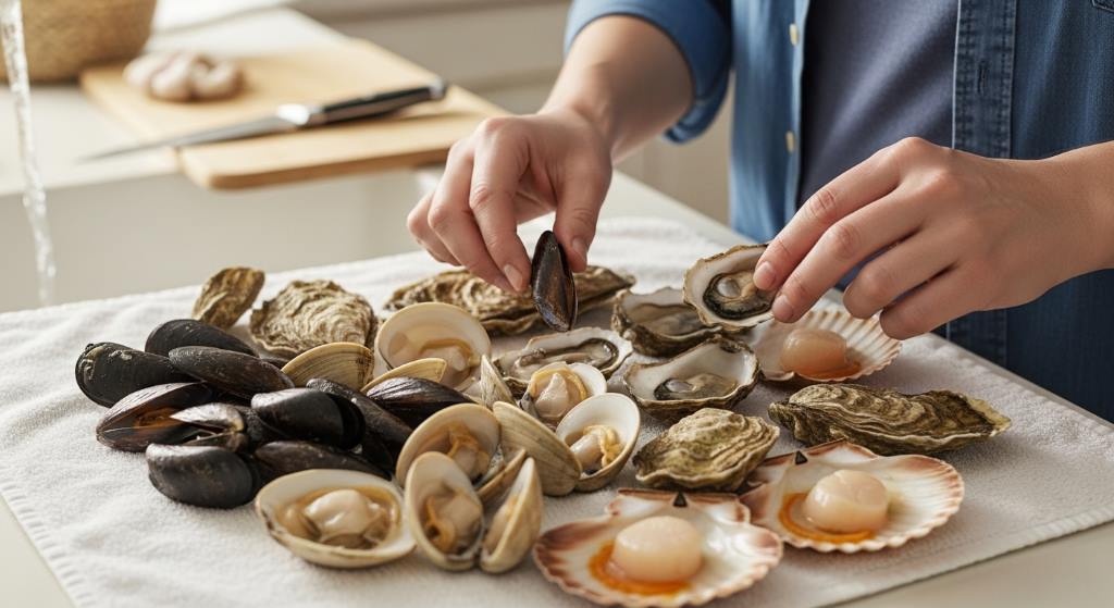 Checking mussel shells for freshness in a home kitchen