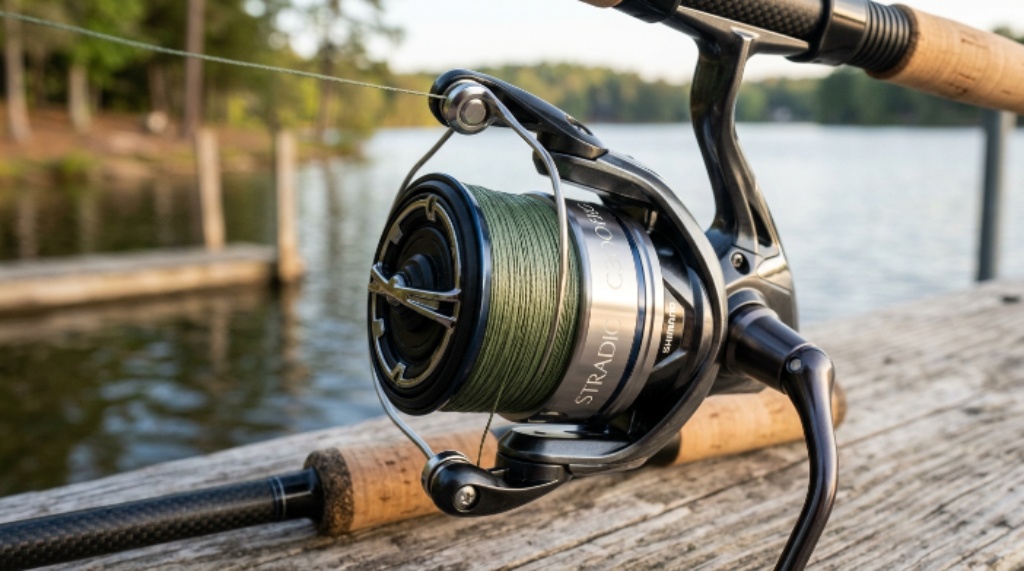 Close-up of a fishing reel with neatly wound line for tangle-free casting