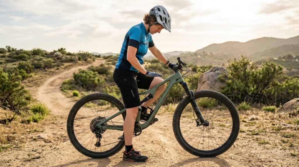 Cyclist standing over a mountain bike frame checking proper standover height and fit