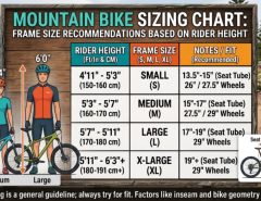 Mountain bike sizing chart showing frame size recommendations based on rider height