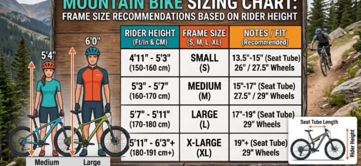 Mountain bike sizing chart showing frame size recommendations based on rider height