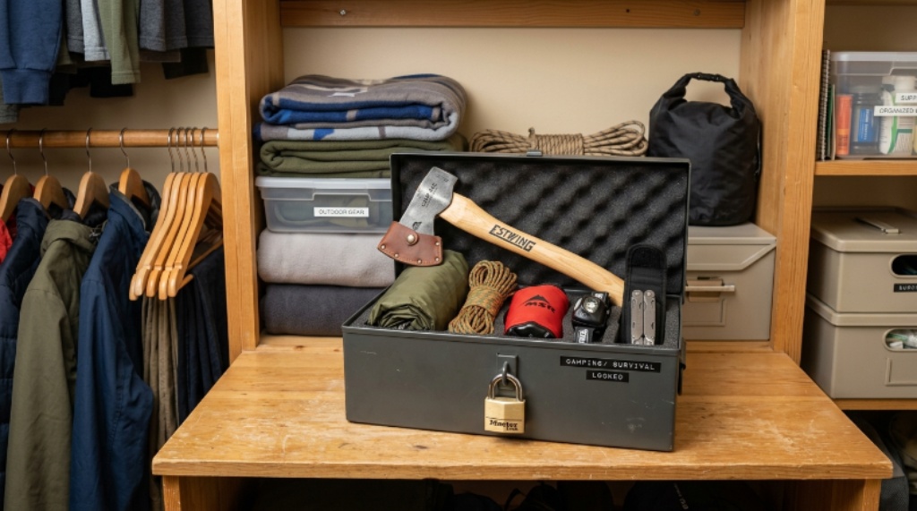 A small hatchet stored safely in a lockable metal box alongside other space-saving gear on a closet shelf