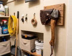 A compact hatchet with a leather sheath mounted on a wooden wall rack inside a small apartment utility closet