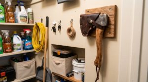 A compact hatchet with a leather sheath mounted on a wooden wall rack inside a small apartment utility closet