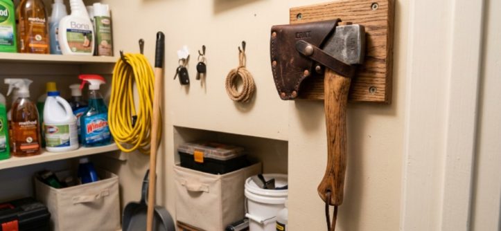 A compact hatchet with a leather sheath mounted on a wooden wall rack inside a small apartment utility closet