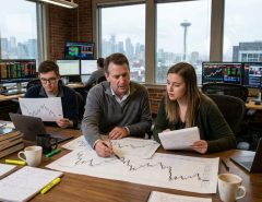 Seattle trader reviewing historical forex charts on multiple monitors during a rainy morning trading session