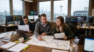 Seattle trader reviewing historical forex charts on multiple monitors during a rainy morning trading session