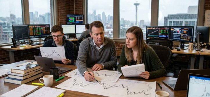 Seattle trader reviewing historical forex charts on multiple monitors during a rainy morning trading session