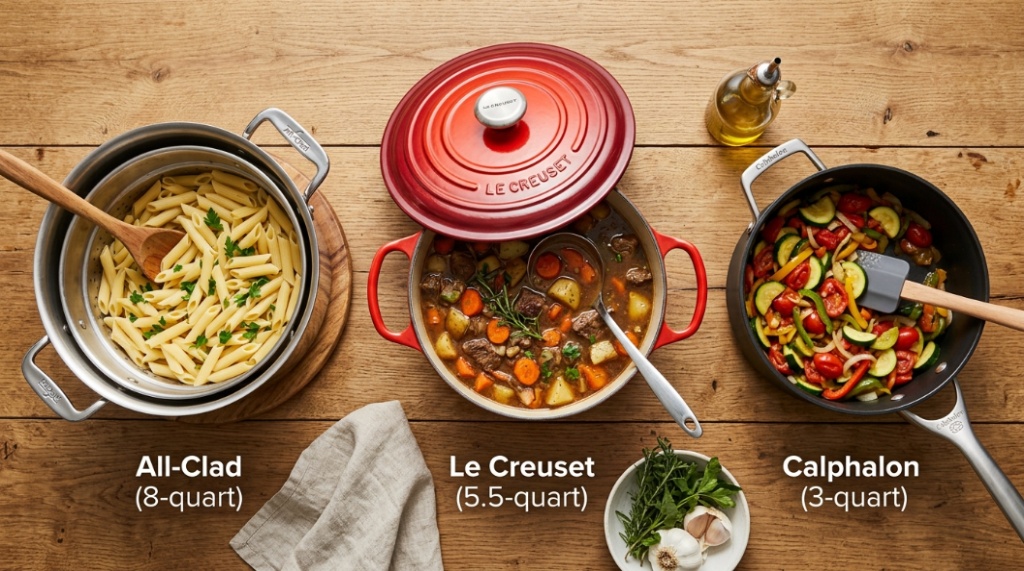 Three different types of pasta pots including stainless steel and cast iron on a table.