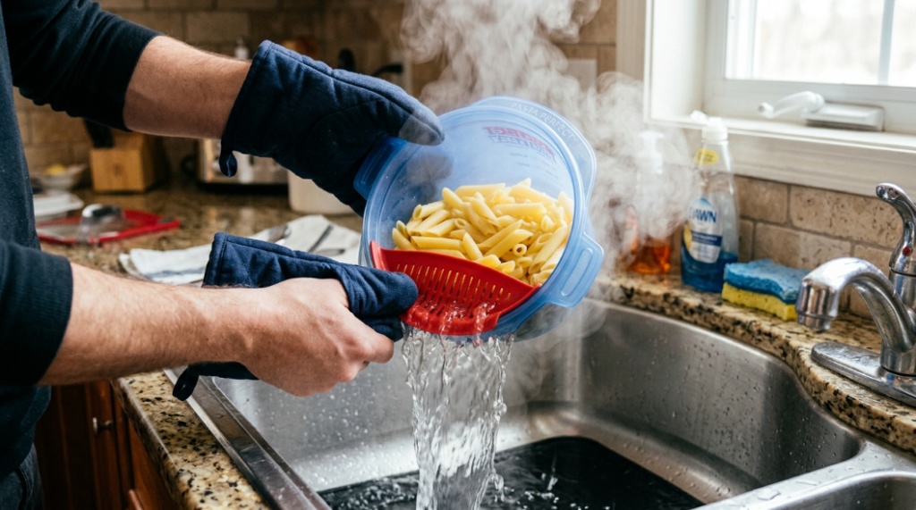 Hands draining hot water through the strainer lid of a plastic microwave pasta cooker filled with cooked penne pasta.