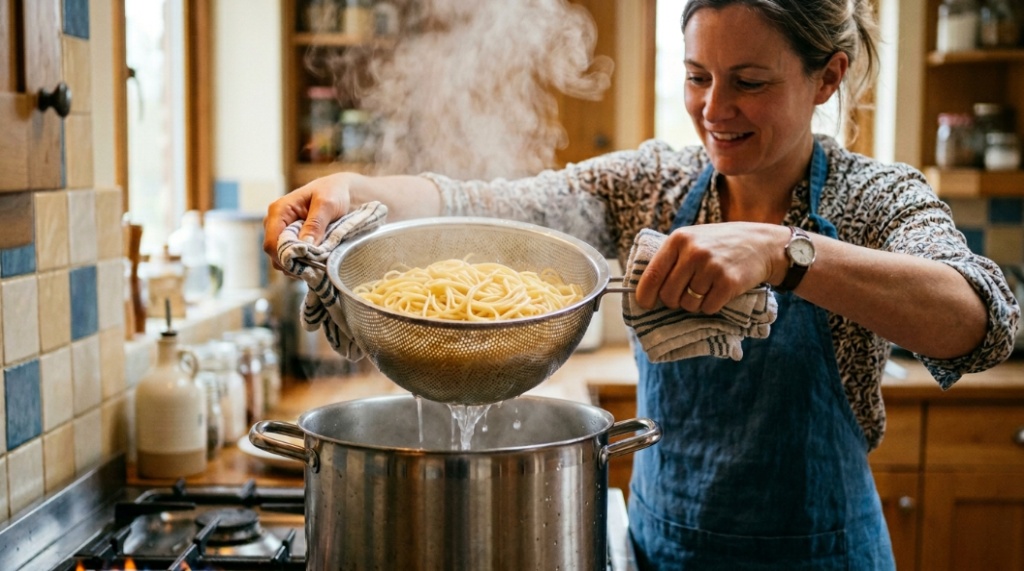 A chef lifting a metal strainer basket to drain steaming cooked pasta from a pot.