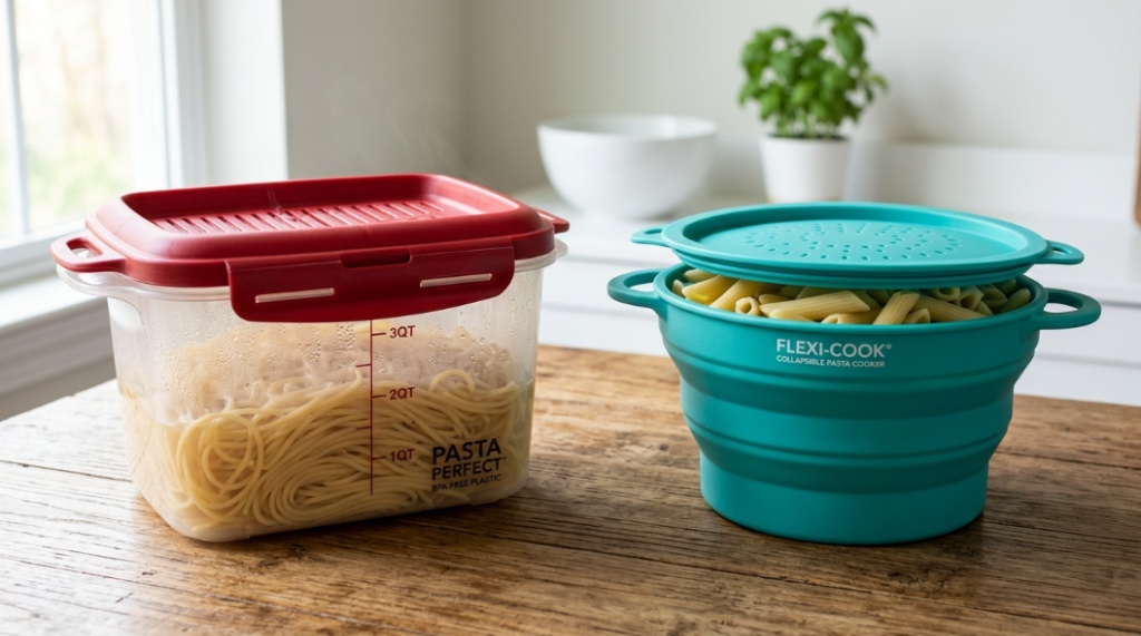 Side by side comparison of a rectangular plastic microwave pasta cooker and a round collapsible silicone cooker.
